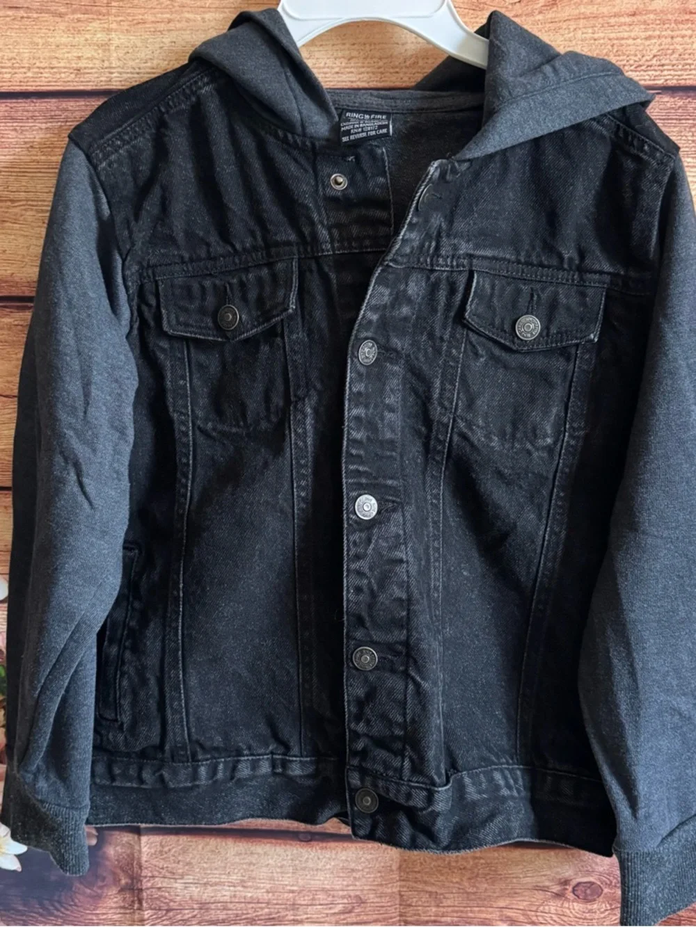 Boys Black Denim Jacket Hoodie Ring of Fire Size L